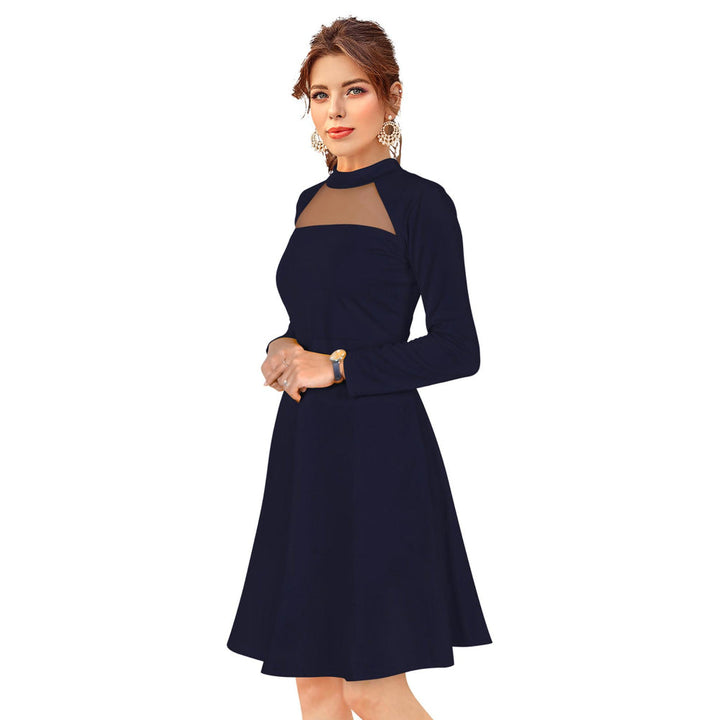 Odette Navy Blue Skater Knit Fabric Dress For Women