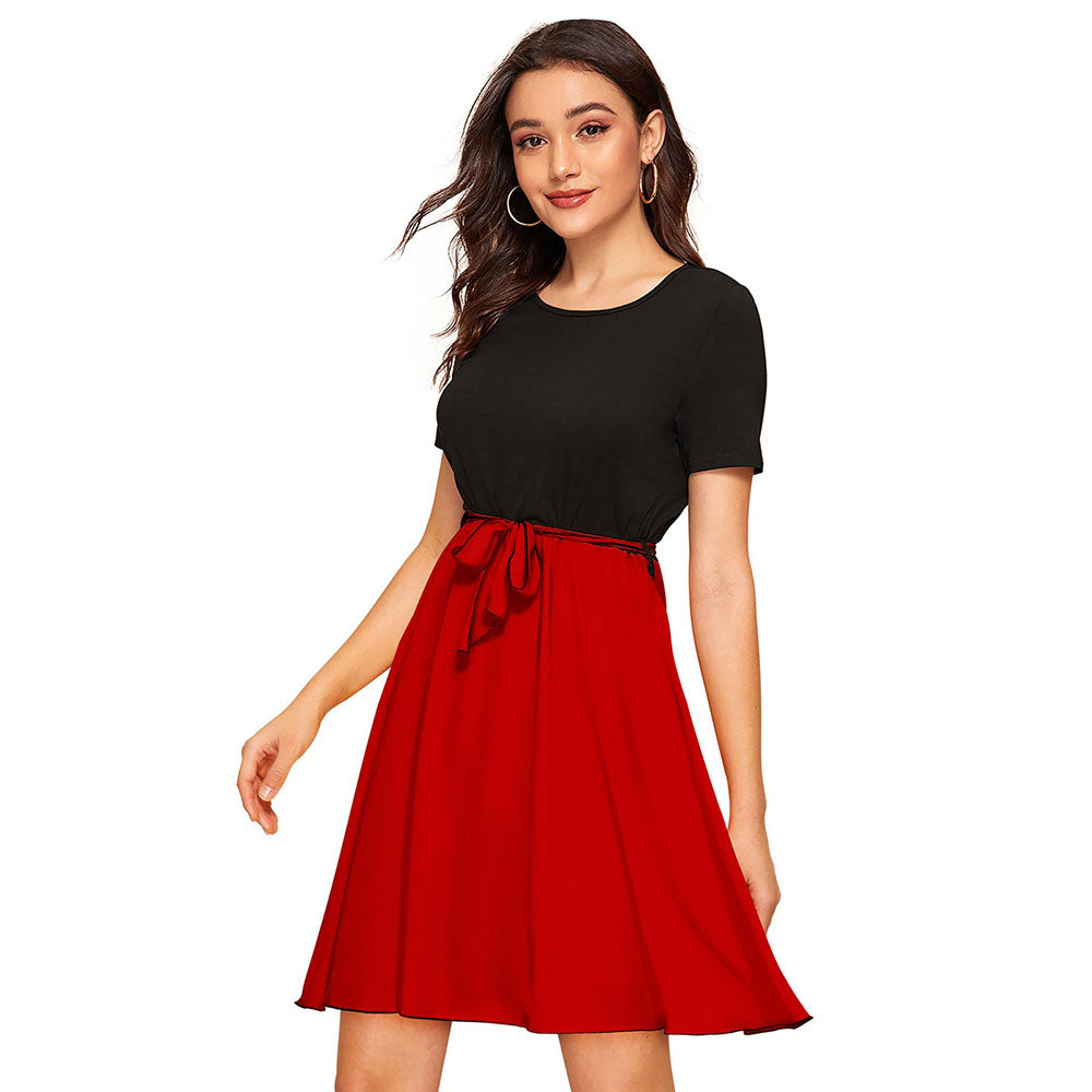 Odette Red Skater Knit Fabric Dress For Women (Set of 2)