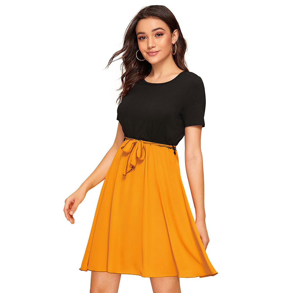 Odette Yellow Skater Knit Fabric Dress For Women (Set of 2)