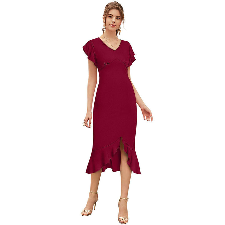 Odette Maroon Skater Knit Fabric Dress For Women