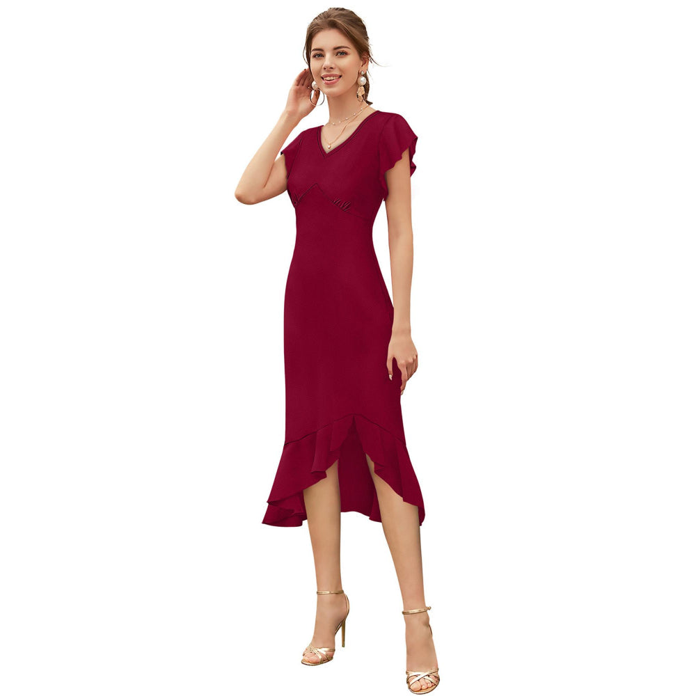 Odette Maroon Skater Knit Fabric Dress For Women