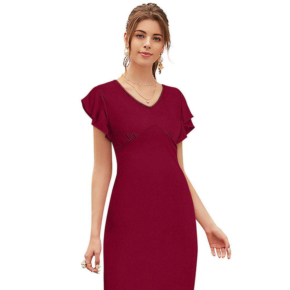 Odette Maroon Skater Knit Fabric Dress For Women