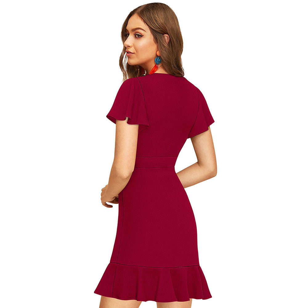 Odette Maroon Skater Knit Fabric Dress For Women