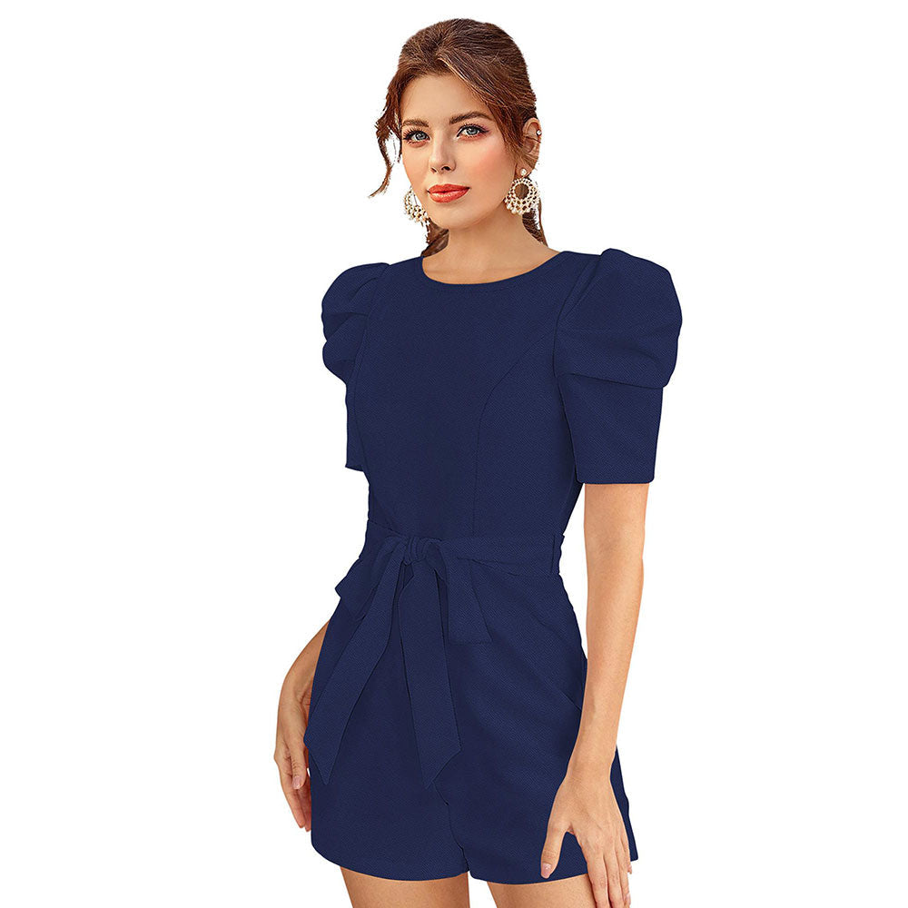 Odette Blue Knit Fabric Playsuit For Women