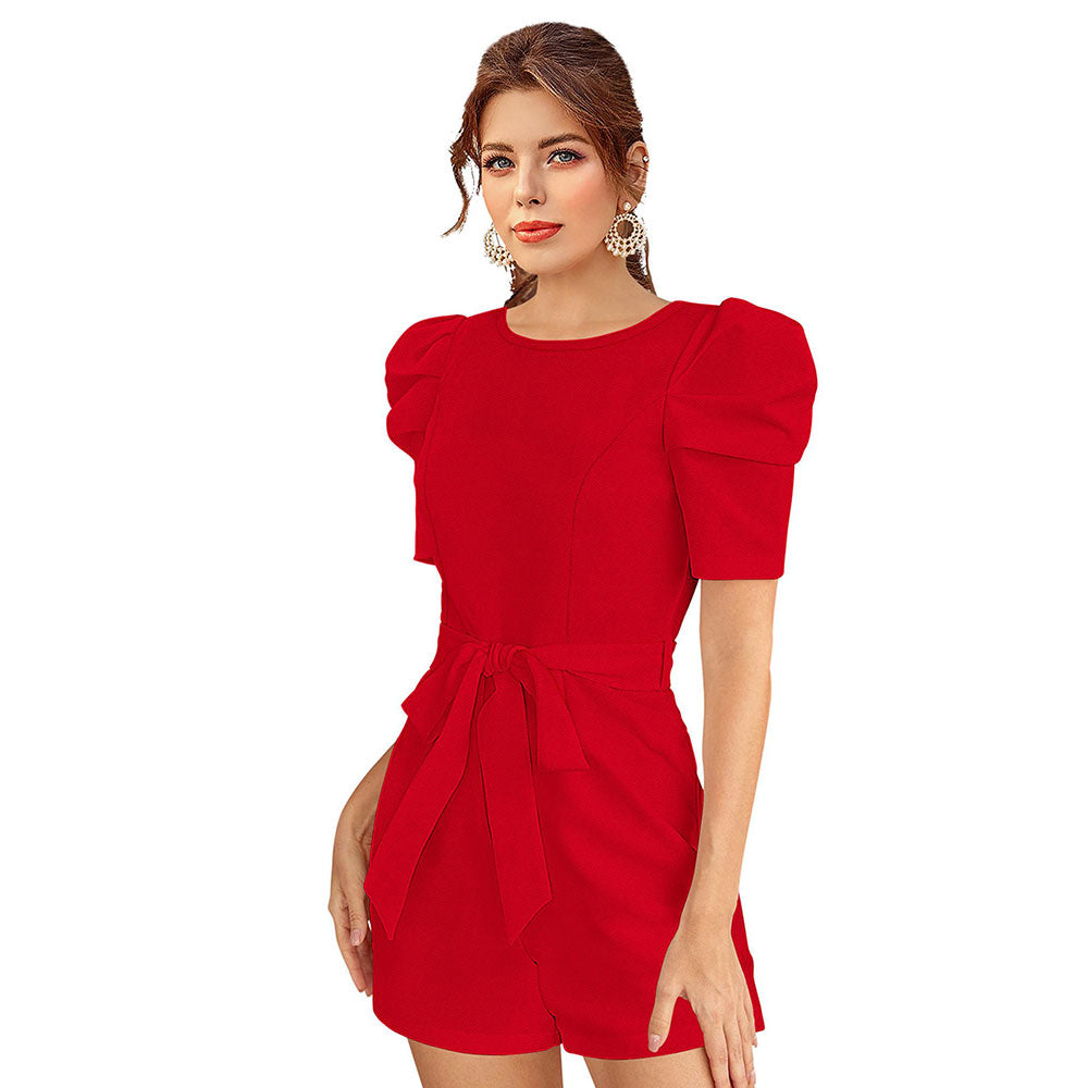 Odette Red Knit Fabric Playsuit For Women