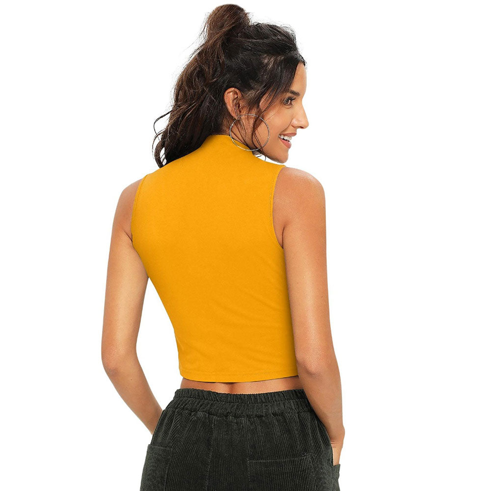 Odette Yellow Polyester Solid Crop Top For Women