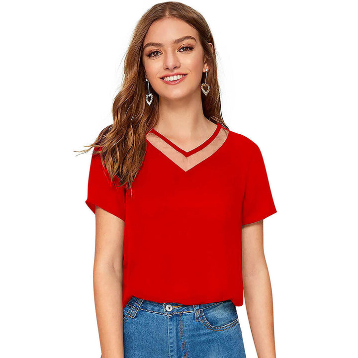 Odette Red Polyester Solid Top For Women