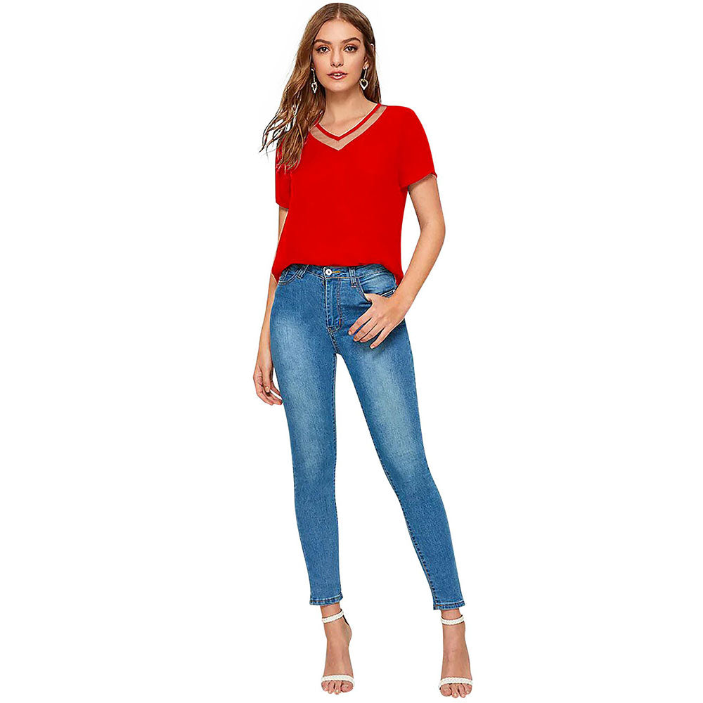 Odette Red Polyester Solid Top For Women