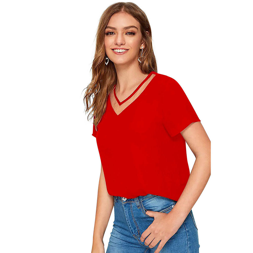 Odette Red Polyester Solid Top For Women