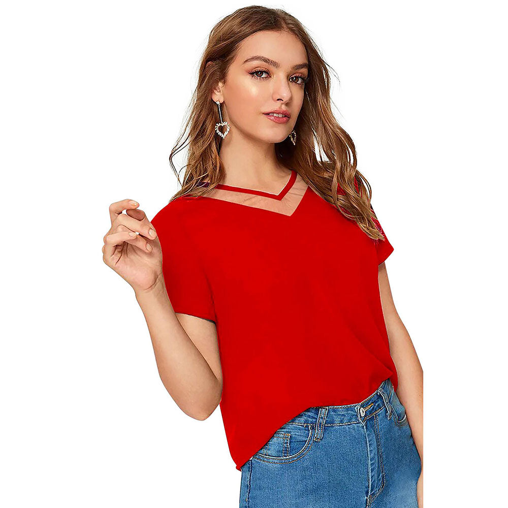 Odette Red Polyester Solid Top For Women