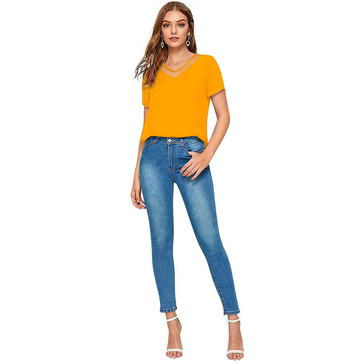 Odette Yellow Polyester Solid Top For Women