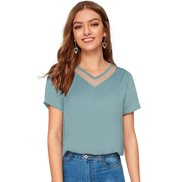 Odette Light Blue Polyester Solid Top For Women