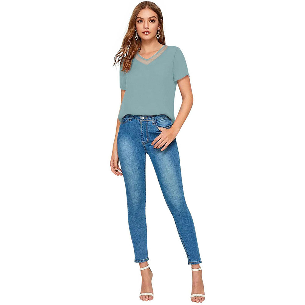 Odette Light Blue Polyester Solid Top For Women