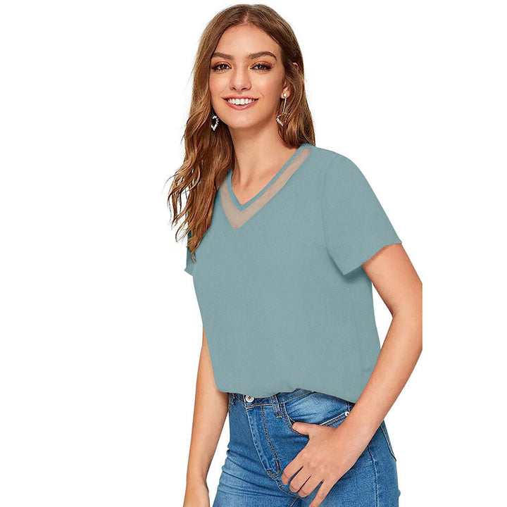 Odette Light Blue Polyester Solid Top For Women