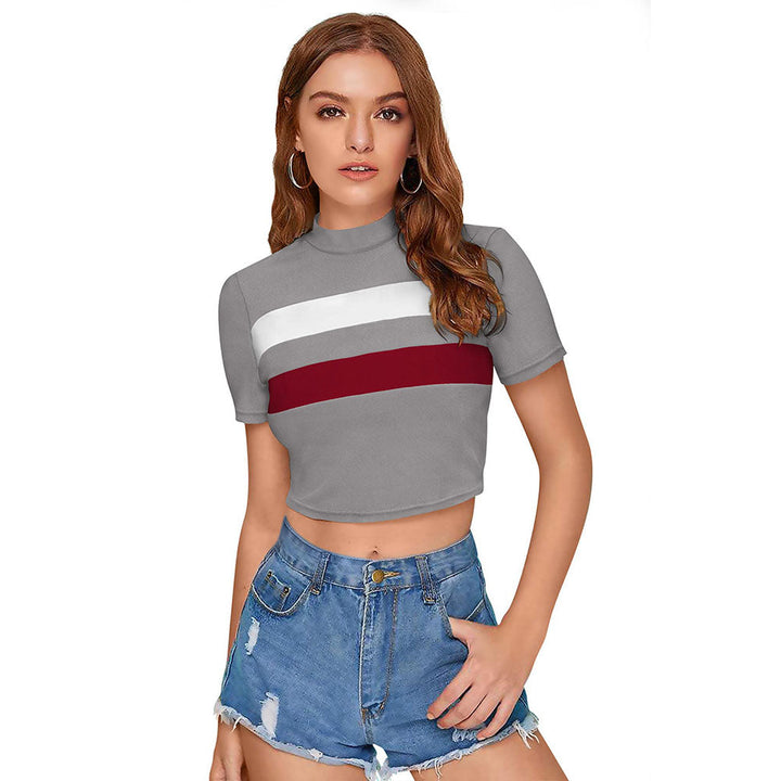 Odette Grey Polyester Color Block Crop Top For Women