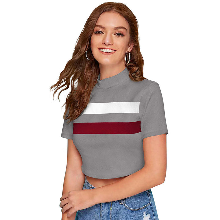 Odette Grey Polyester Color Block Crop Top For Women