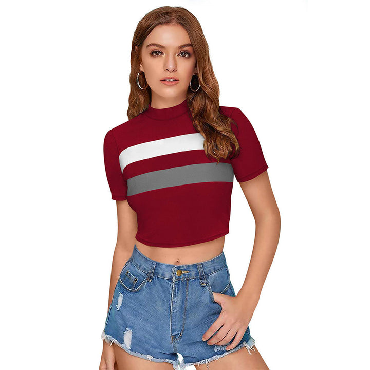 Odette Maroon Polyester Color Block Crop Top For Women