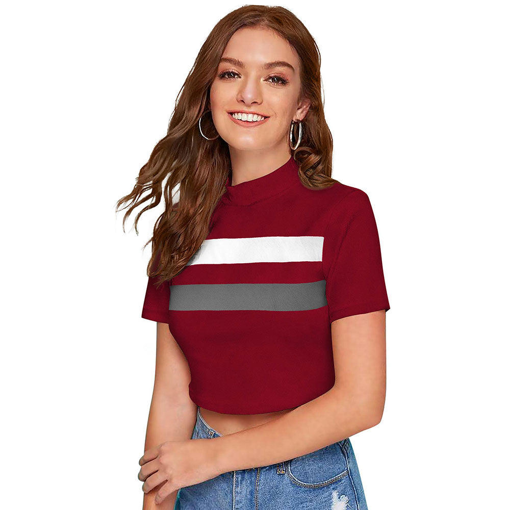 Odette Maroon Polyester Color Block Crop Top For Women