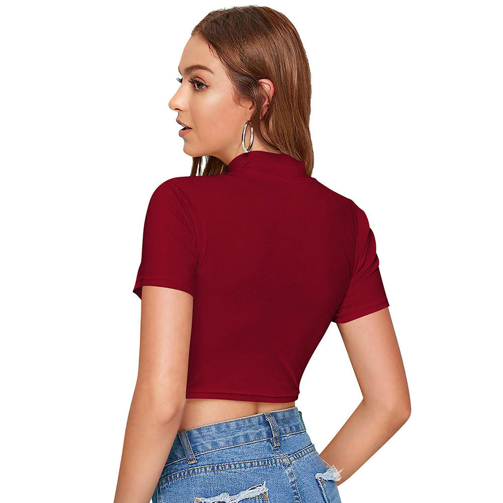 Odette Maroon Polyester Color Block Crop Top For Women