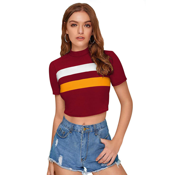 Odette Maroon Polyester Color Block Crop Top For Women