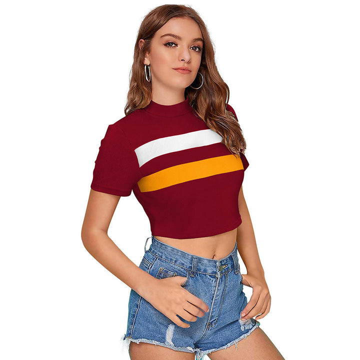 Odette Maroon Polyester Color Block Crop Top For Women