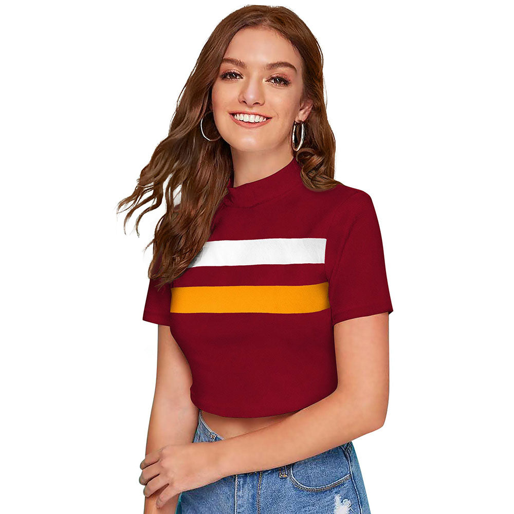 Odette Maroon Polyester Color Block Crop Top For Women