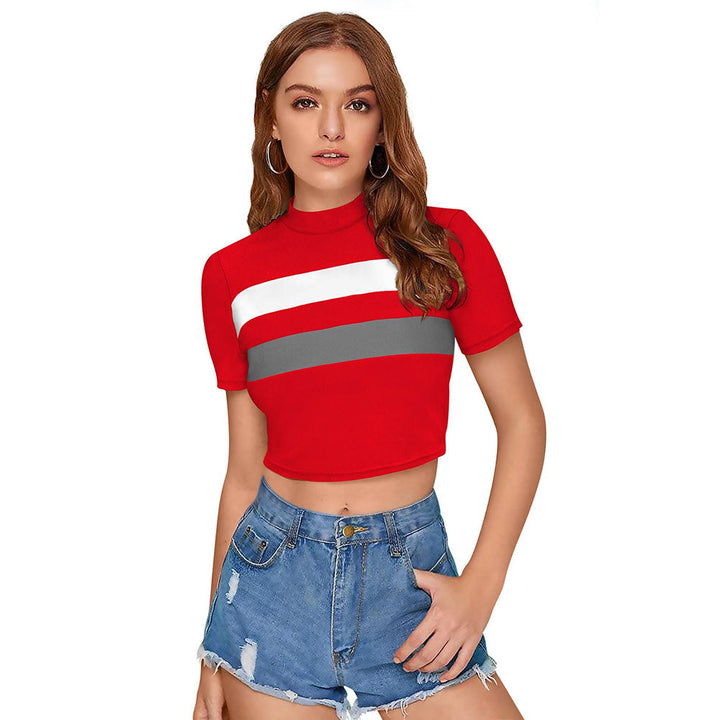 Odette Red Polyester Color Block Crop Top For Women