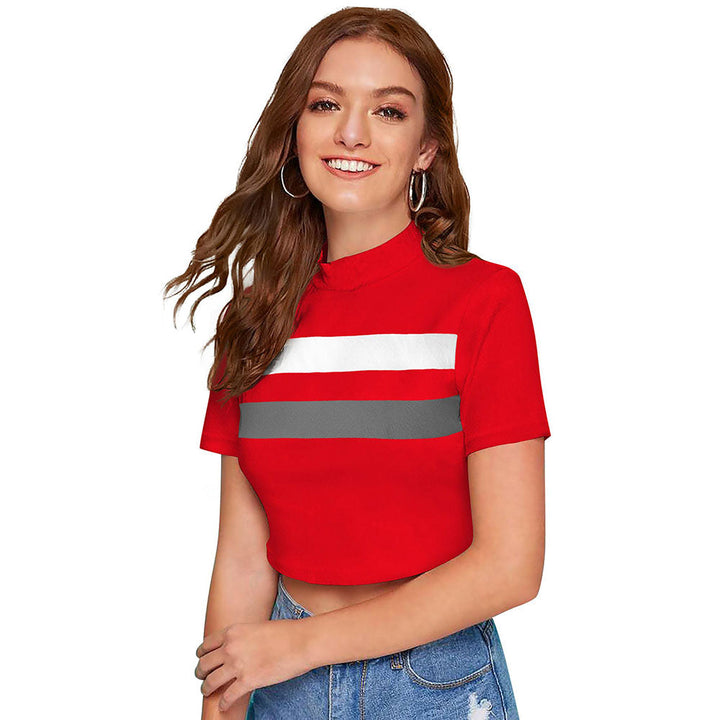 Odette Red Polyester Color Block Crop Top For Women