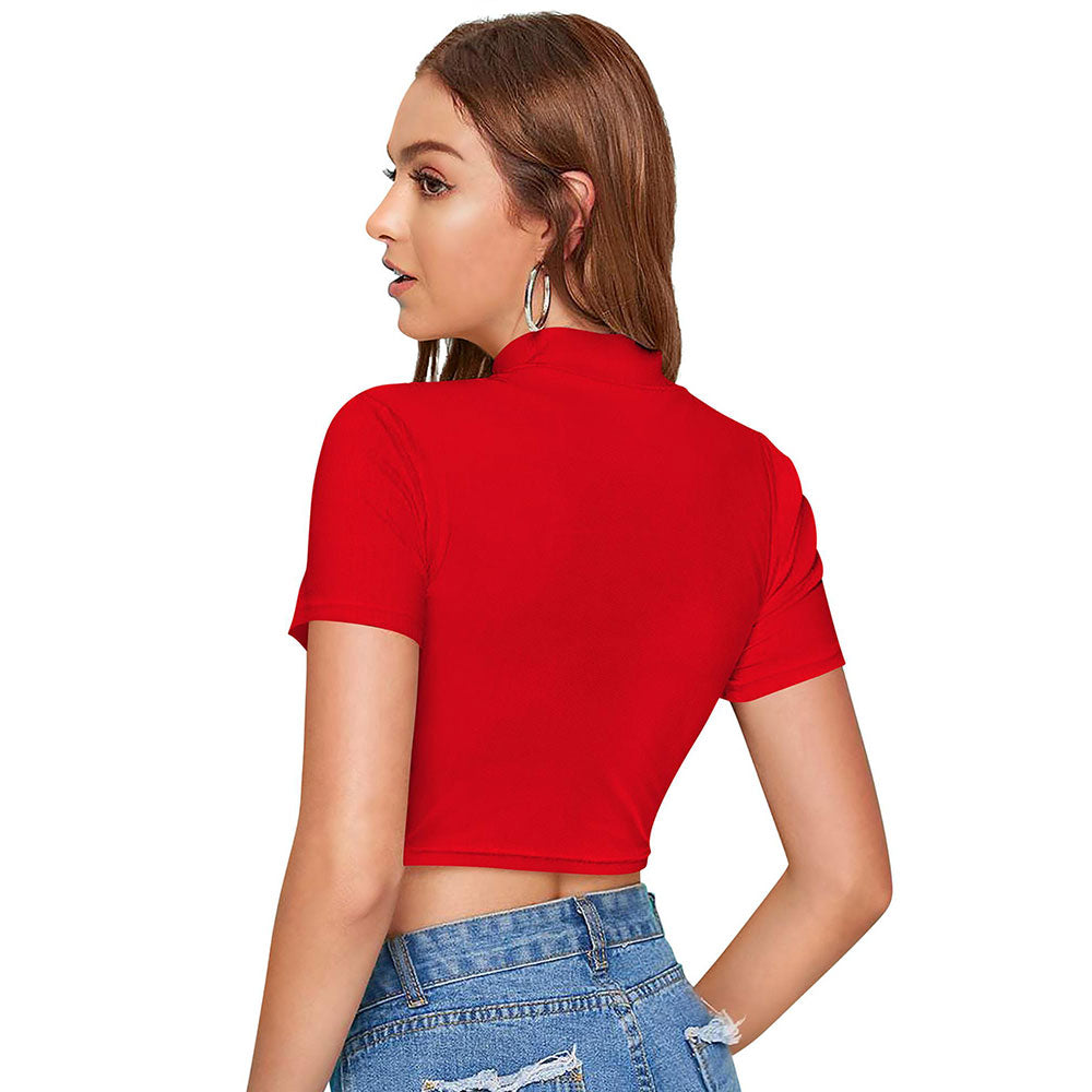 Odette Red Polyester Color Block Crop Top For Women