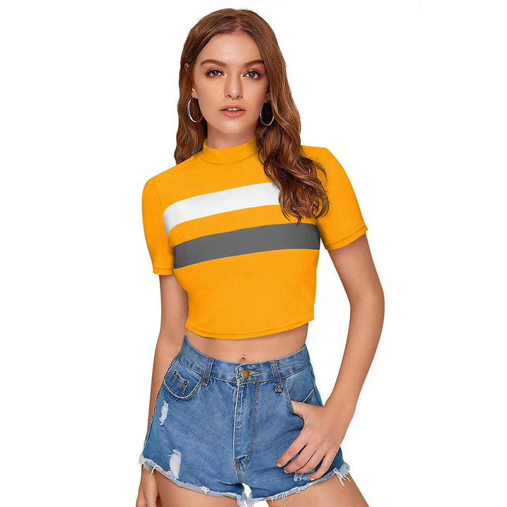 Odette Yellow Polyester Color Block Crop Top For Women