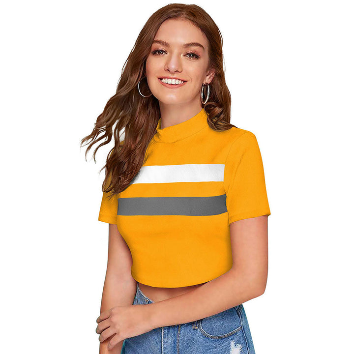 Odette Yellow Polyester Color Block Crop Top For Women