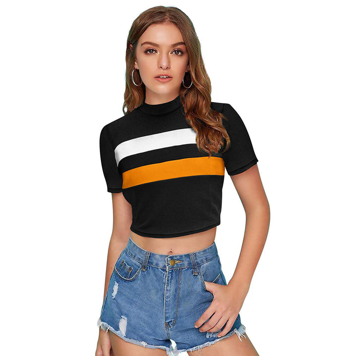 Odette Black Polyester Color Block Crop Top For Women