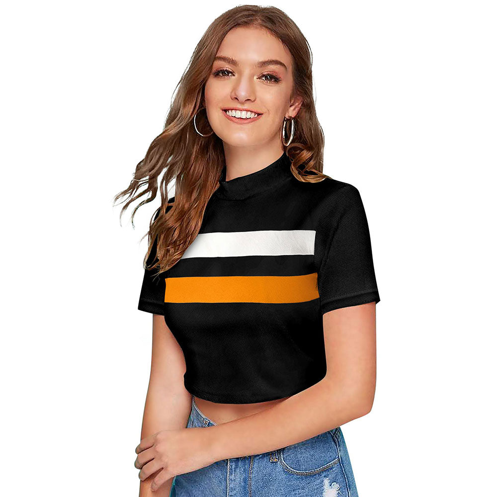 Odette Black Polyester Color Block Crop Top For Women