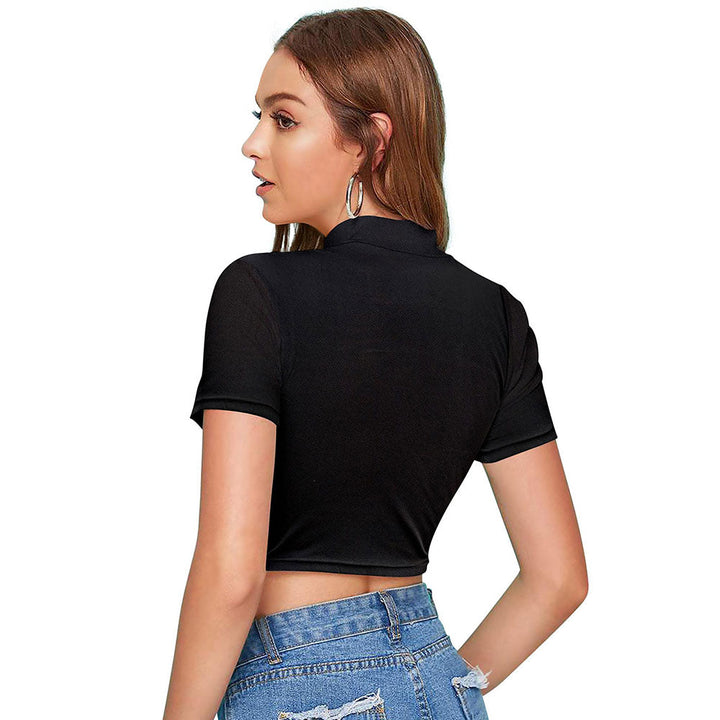 Odette Black Polyester Color Block Crop Top For Women