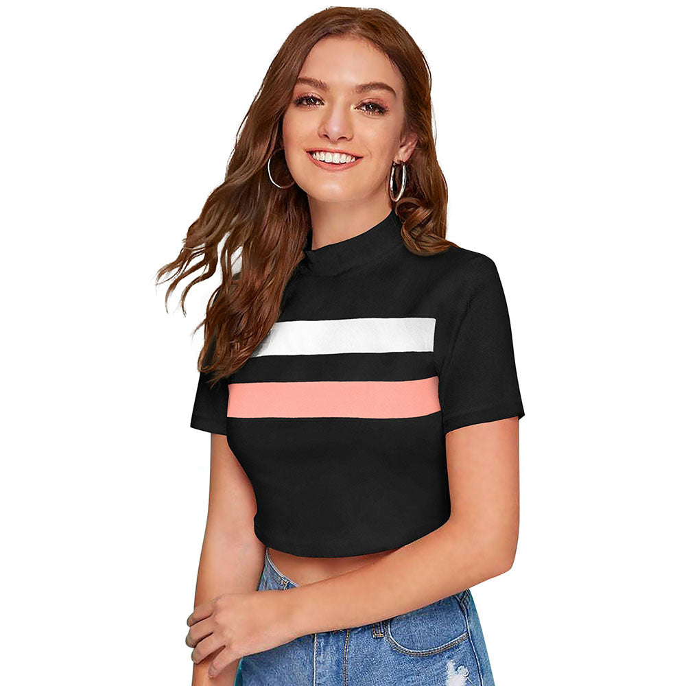 Odette Black Polyester Color Block Crop Top For Women