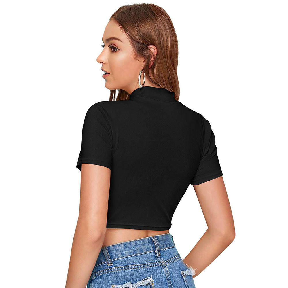 Odette Black Polyester Color Block Crop Top For Women