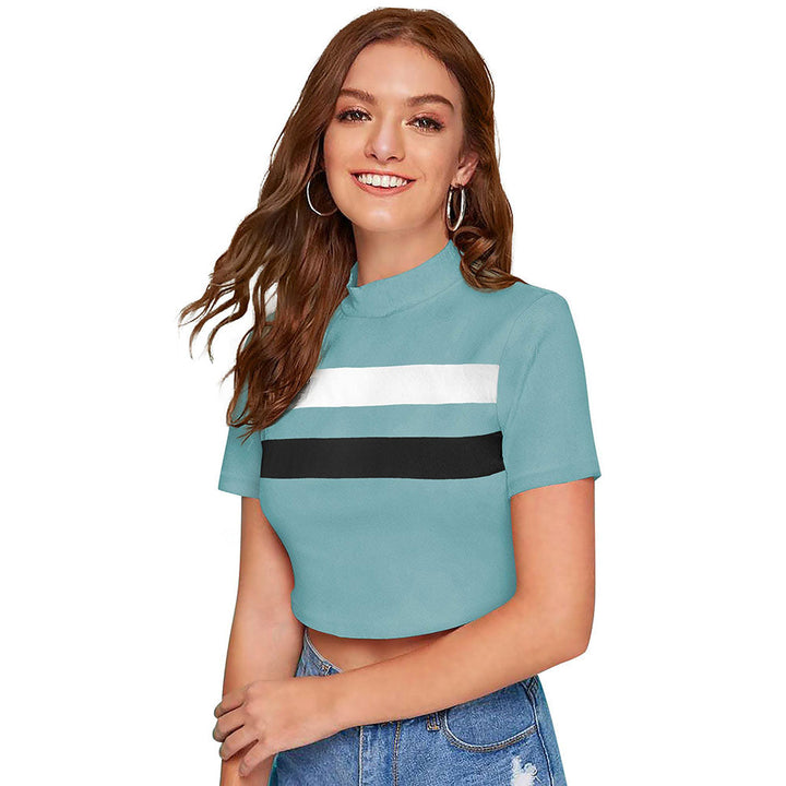 Odette Light Blue Polyester Color Block Crop Top For Women