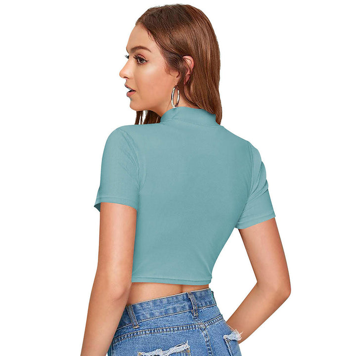 Odette Light Blue Polyester Color Block Crop Top For Women