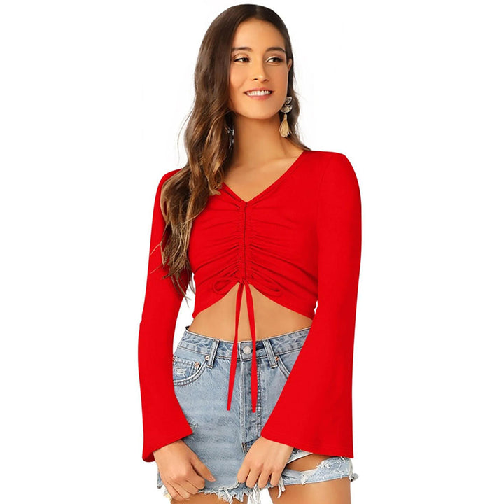 Odette Red Polyester Solid Crop Top For Women