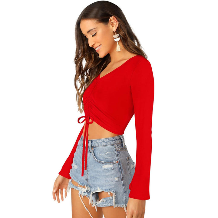 Odette Red Polyester Solid Crop Top For Women