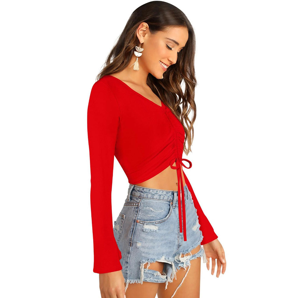 Odette Red Polyester Solid Crop Top For Women