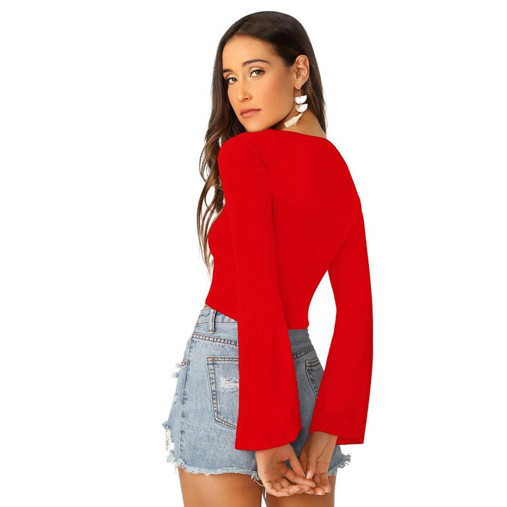 Odette Red Polyester Solid Crop Top For Women