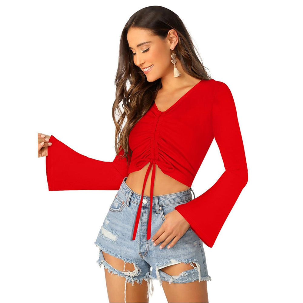 Odette Red Polyester Solid Crop Top For Women