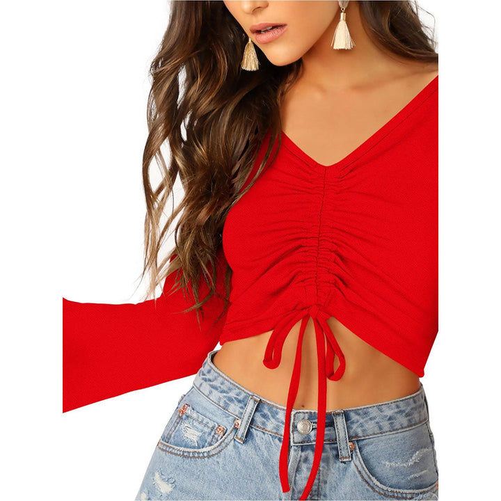 Odette Red Polyester Solid Crop Top For Women