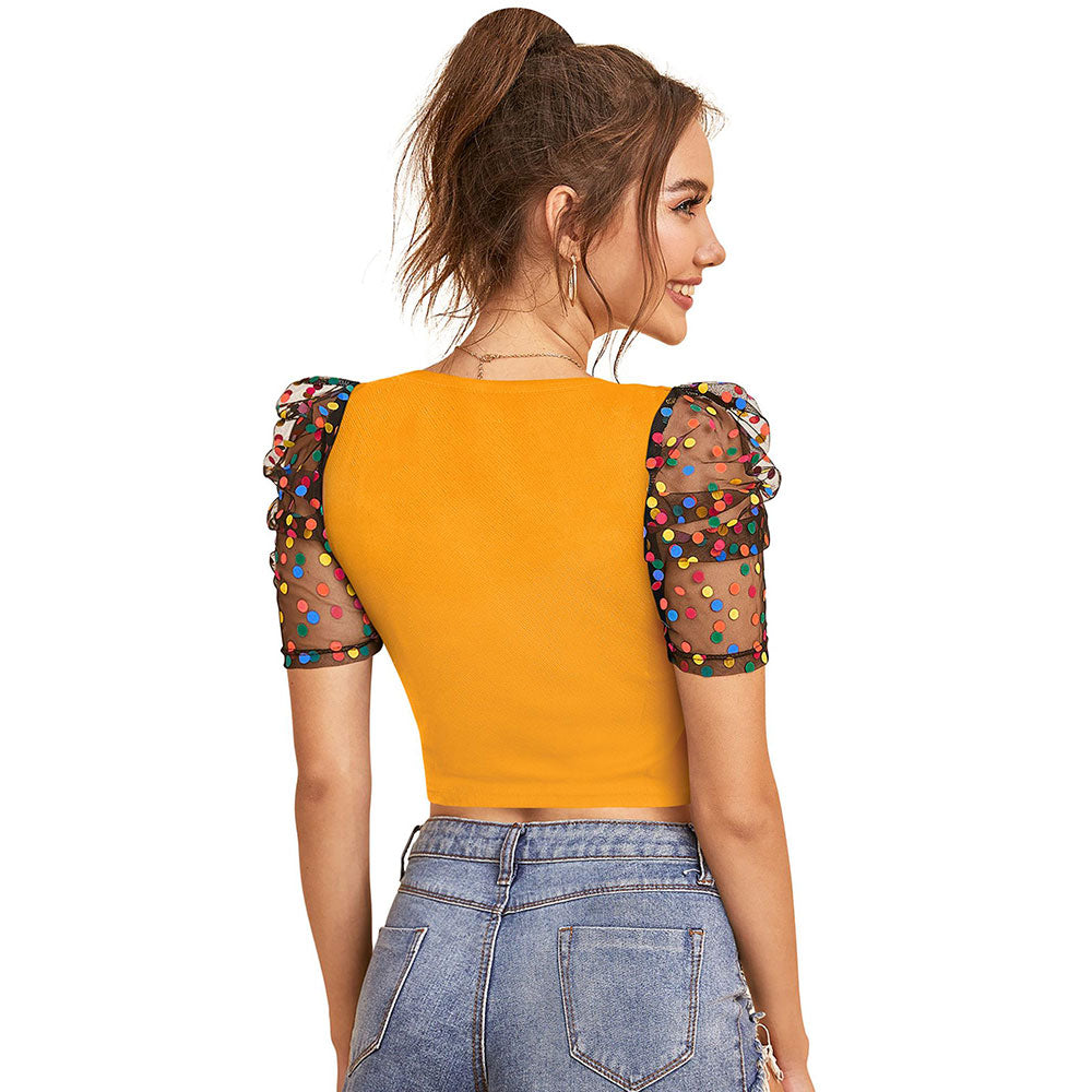 Odette Yellow Polyester Solid Crop Top For Women