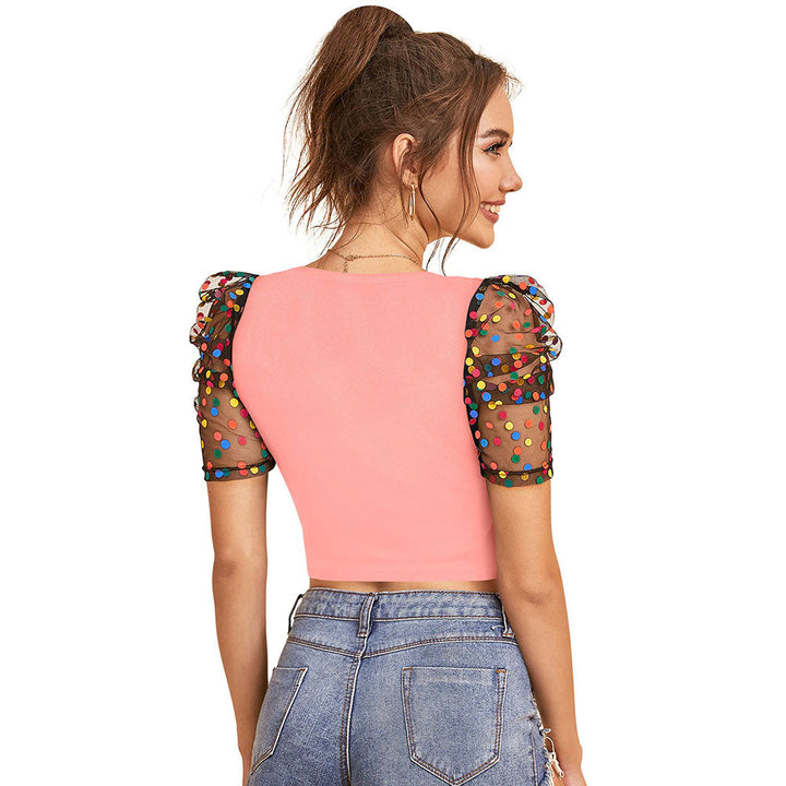 Odette Peach Polyester Solid Crop Top For Women