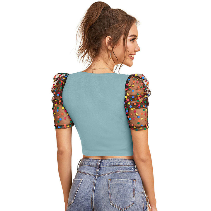 Odette Light Blue Polyester Solid Crop Top For Women