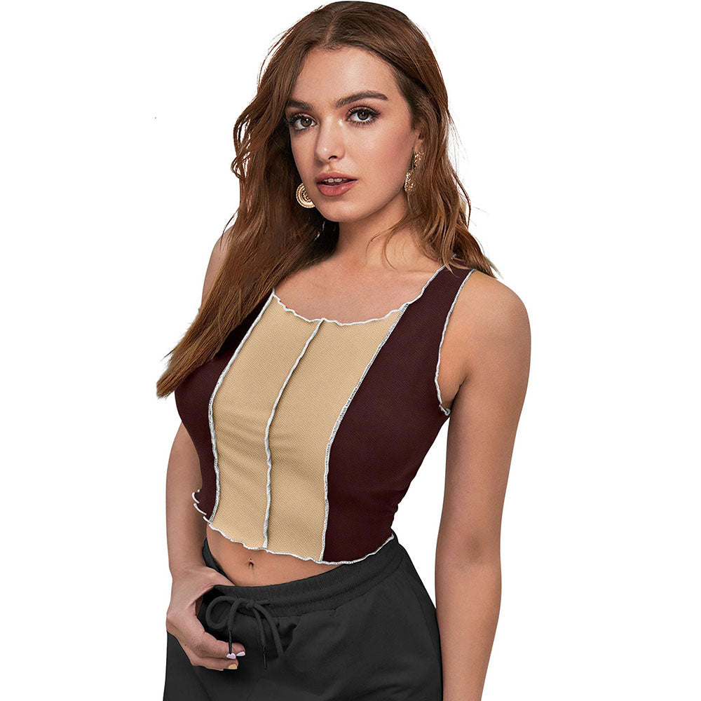 Odette Brown Polyester Solid Crop Top For Women