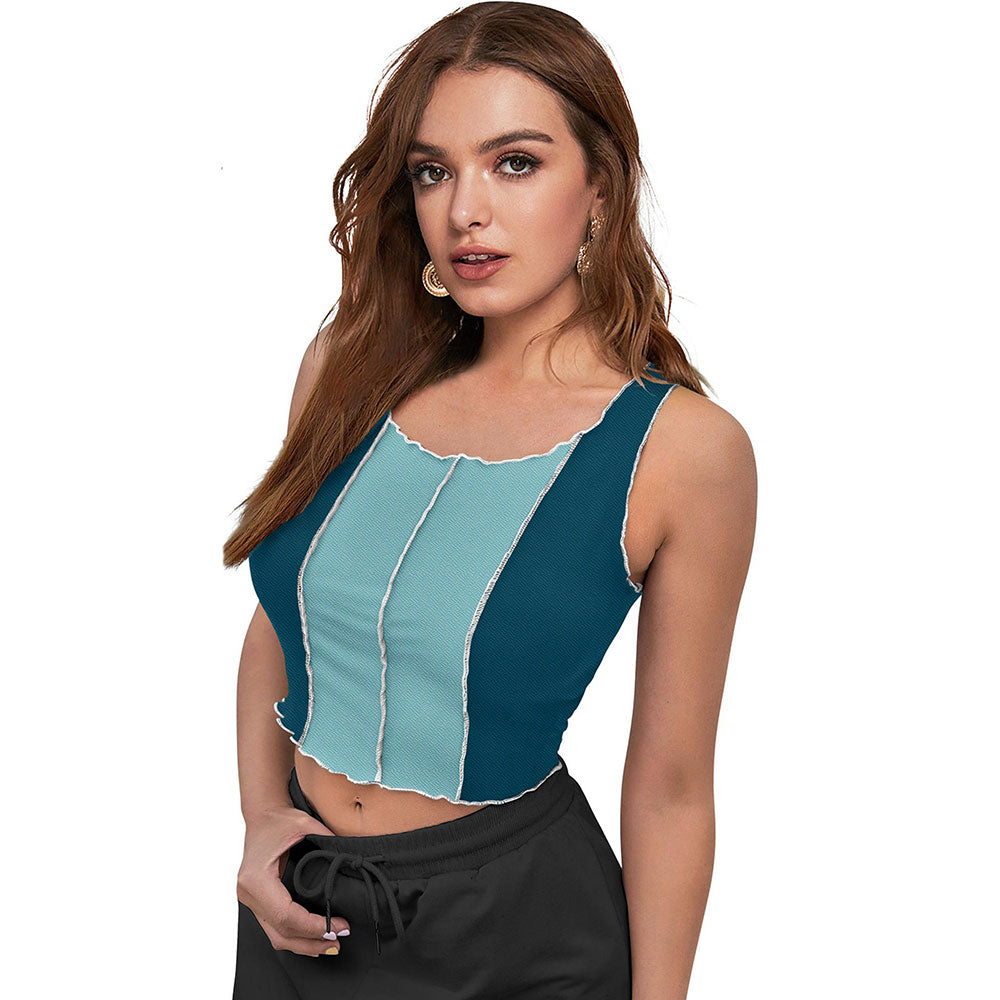 Odette Teal Polyester Solid Crop Top For Women