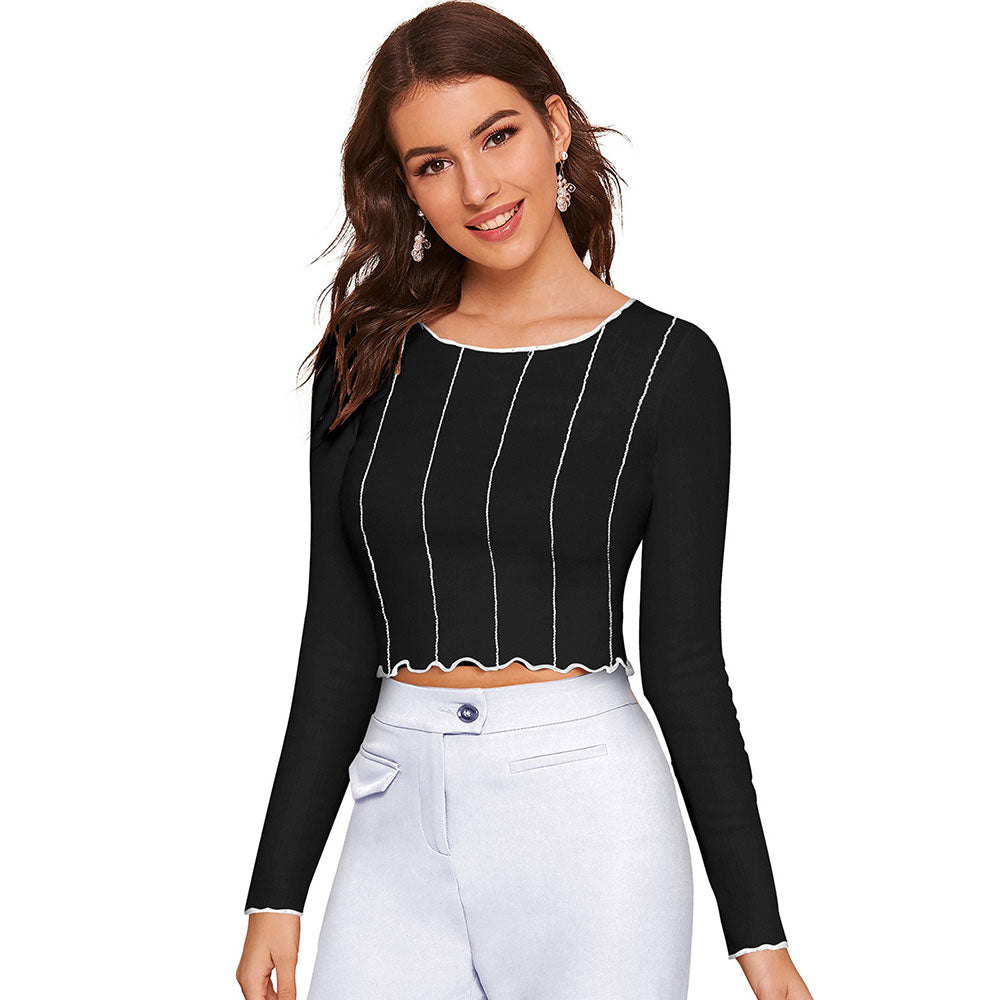 Odette Black Polyester Striped Crop Top For Women